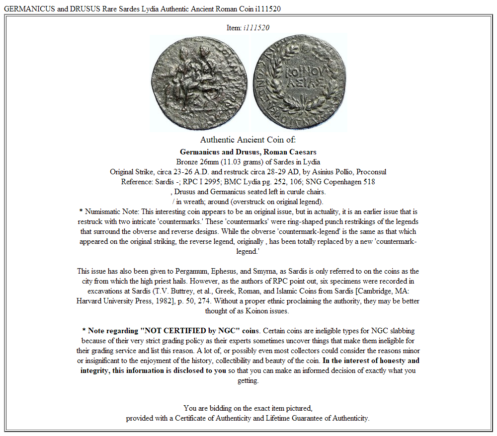 GERMANICUS and DRUSUS Rare Sardes Lydia Authentic Ancient Roman Coin i111520