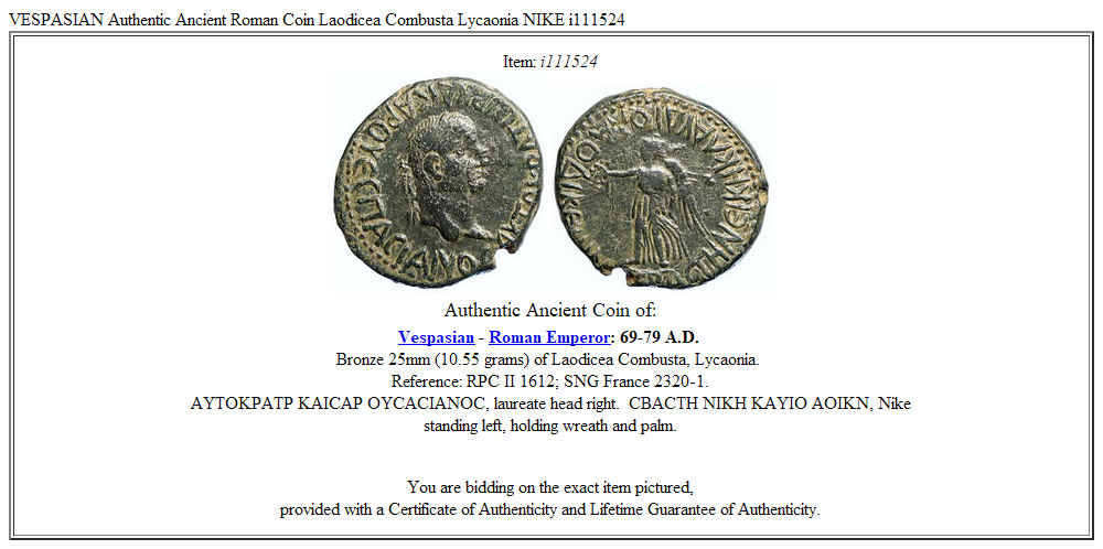 VESPASIAN Authentic Ancient Roman Coin Laodicea Combusta Lycaonia NIKE i111524