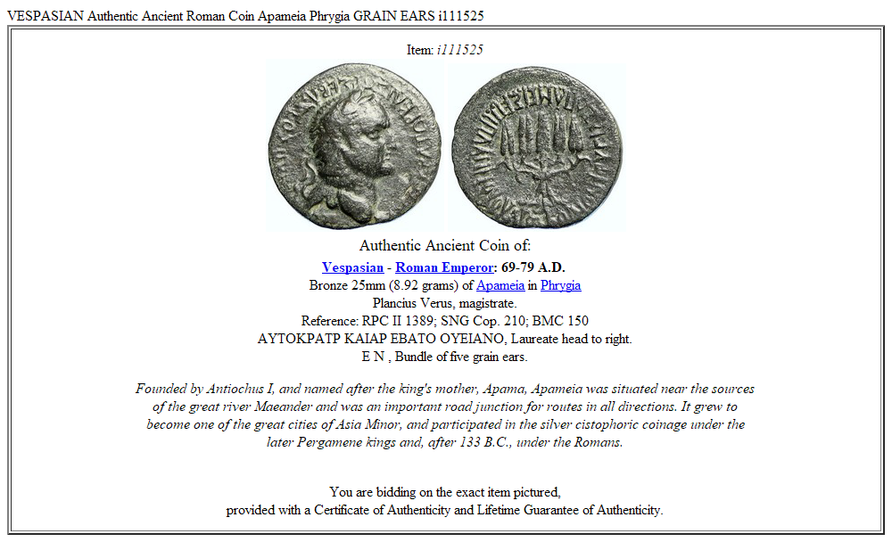 VESPASIAN Authentic Ancient Roman Coin Apameia Phrygia GRAIN EARS i111525