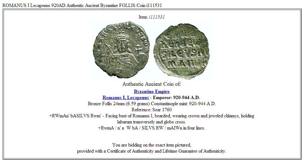 ROMANUS I Lecapenus 920AD Authentic Ancient Byzantine FOLLIS Coin i111531