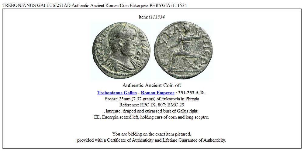 TREBONIANUS GALLUS 251AD Authentic Ancient Roman Coin Eukarpeia PHRYGIA i111534