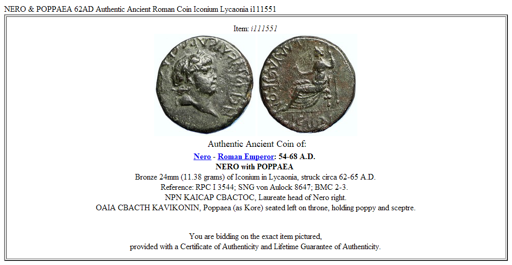 NERO & POPPAEA 62AD Authentic Ancient Roman Coin Iconium Lycaonia i111551