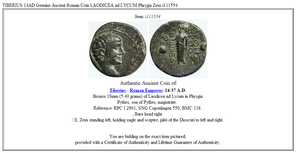 TIBERIUS 14AD Genuine Ancient Roman Coin LAODICEA ad LYCUM Phrygia Zeus i111554