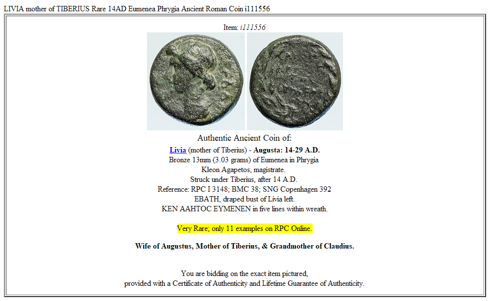 LIVIA mother of TIBERIUS Rare 14AD Eumenea Phrygia Ancient Roman Coin i111556
