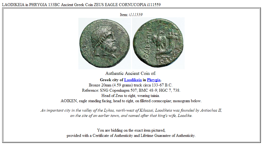 LAODIKEIA in PHRYGIA 133BC Ancient Greek Coin ZEUS EAGLE CORNUCOPIA i111559