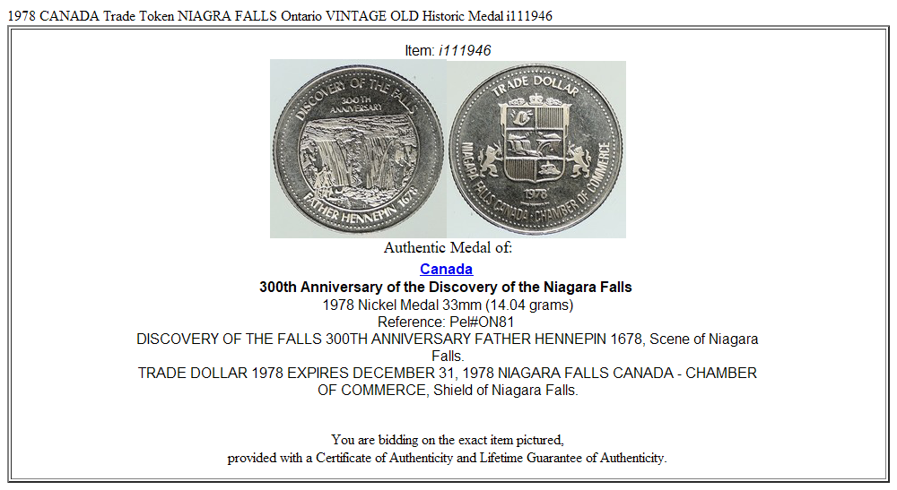 1978 CANADA Trade Token NIAGRA FALLS Ontario VINTAGE OLD Historic Medal i111946