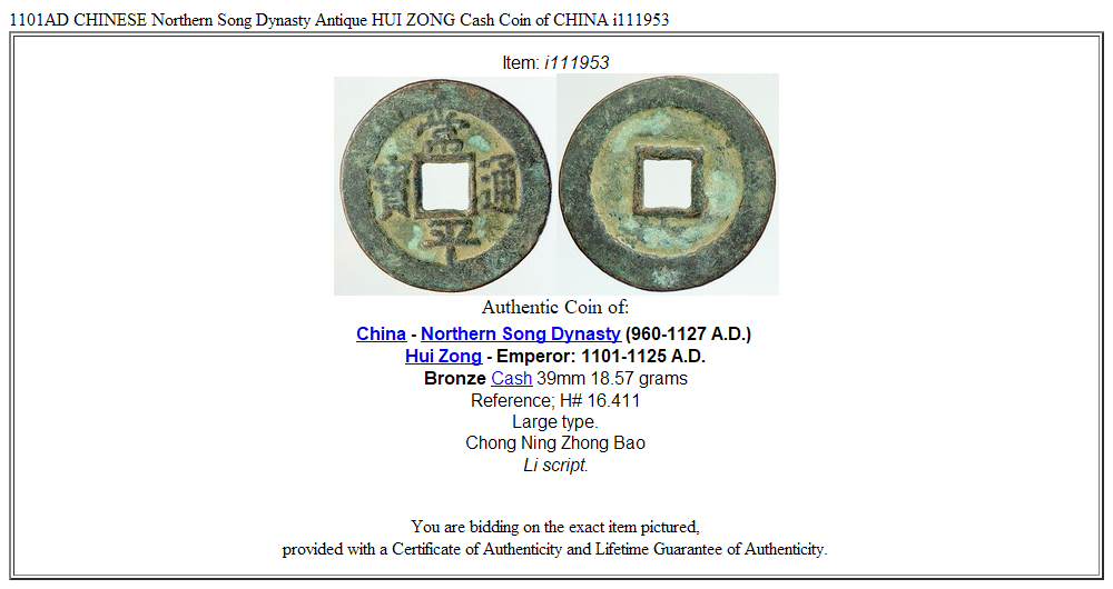 1101AD CHINESE Northern Song Dynasty Antique HUI ZONG Cash Coin of CHINA i111953