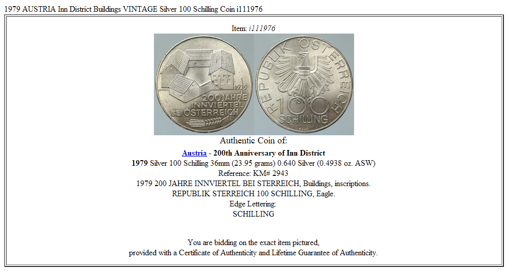 1979 AUSTRIA Inn District Buildings VINTAGE Silver 100 Schilling Coin i111976