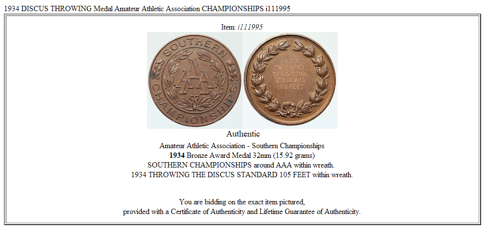 1934 DISCUS THROWING Medal Amateur Athletic Association CHAMPIONSHIPS i111995