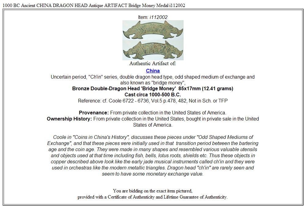 1000 BC Ancient CHINA DRAGON HEAD Antique ARTIFACT Bridge Money Medal i112002