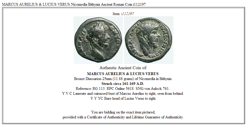 MARCUS AURELIUS & LUCIUS VERUS Nicomedia Bithynia Ancient Roman Coin i112197