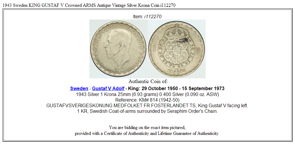 1943 Sweden KING GUSTAF V Crowned ARMS Antique Vintage Silver Krona Coin i112270