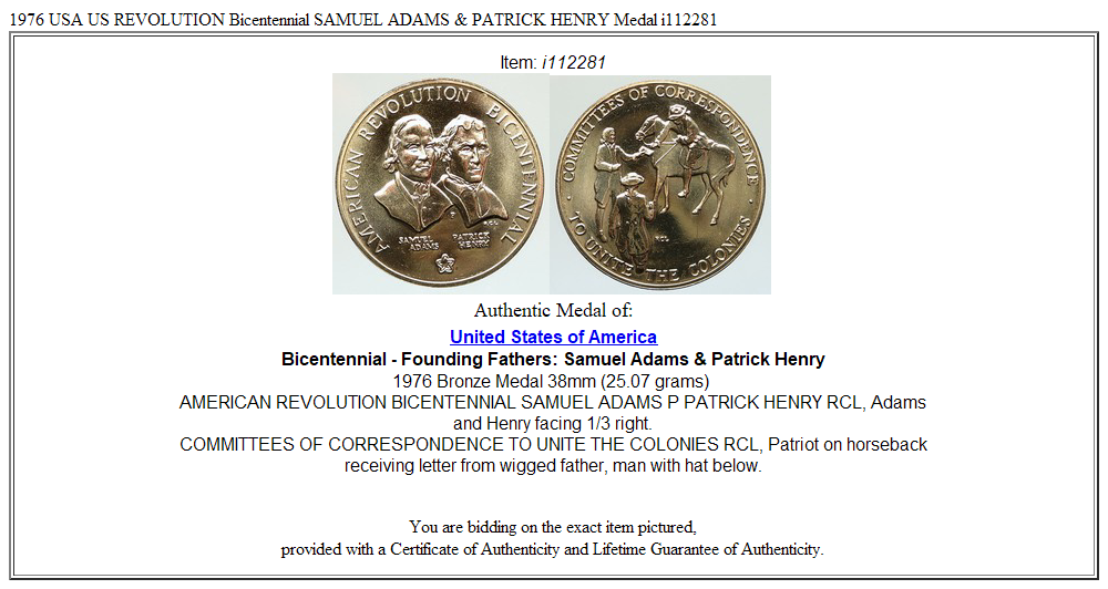 1976 USA US REVOLUTION Bicentennial SAMUEL ADAMS & PATRICK HENRY Medal i112281