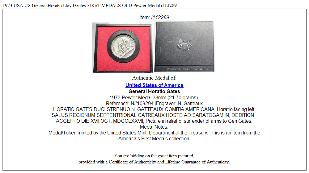 1973 USA US General Horatio Lloyd Gates FIRST MEDALS OLD Pewter Medal i112289