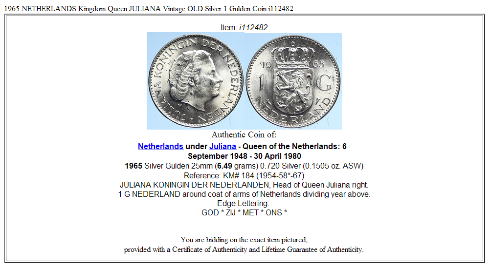 1965 NETHERLANDS Kingdom Queen JULIANA Vintage OLD Silver 1 Gulden Coin i112482