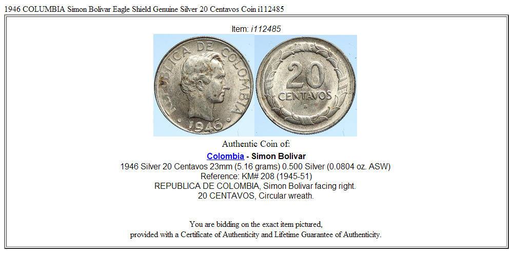 1946 COLUMBIA Simon Bolivar Eagle Shield Genuine Silver 20 Centavos Coin i112485