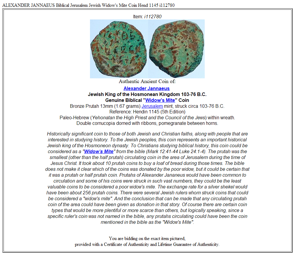 ALEXANDER JANNAEUS Biblical Jerusalem Jewish Widow's Mite Coin Hend 1145 i112780