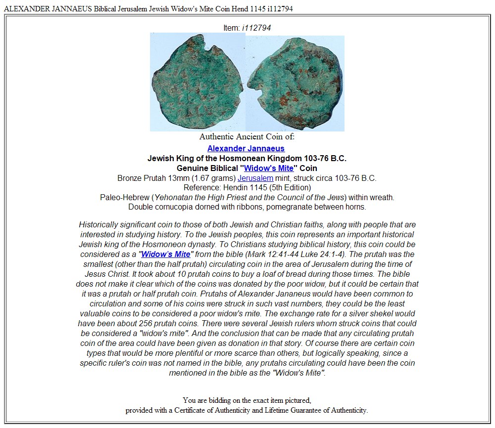 ALEXANDER JANNAEUS Biblical Jerusalem Jewish Widow's Mite Coin Hend 1145 i112794