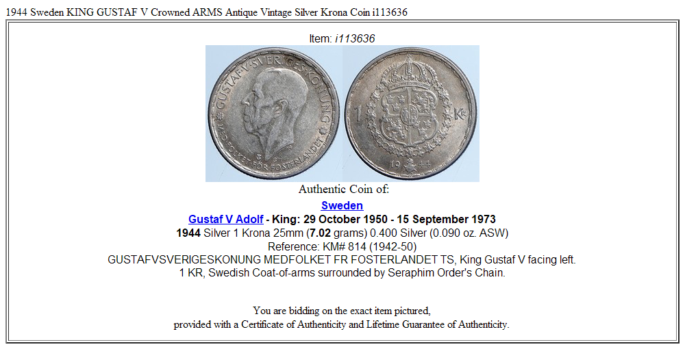 1944 Sweden KING GUSTAF V Crowned ARMS Antique Vintage Silver Krona Coin i113636