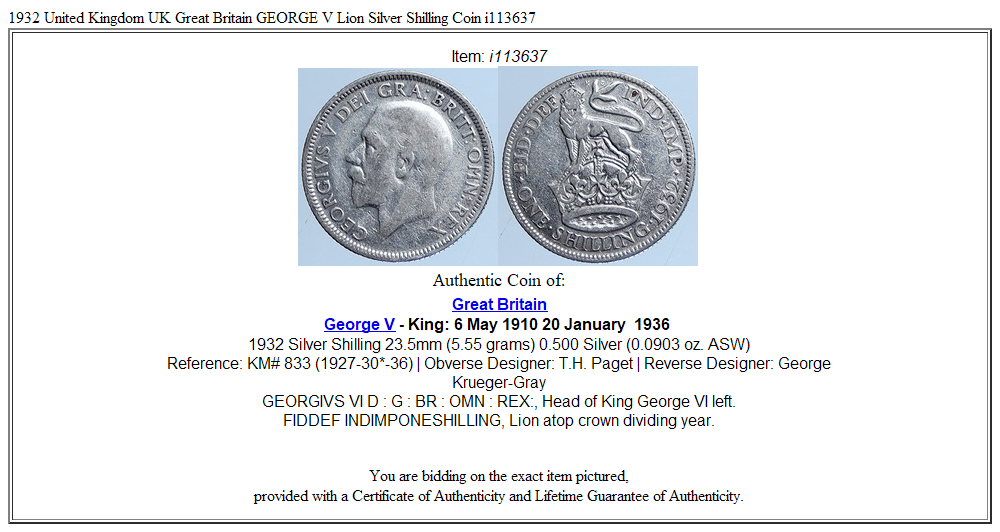 1932 United Kingdom UK Great Britain GEORGE V Lion Silver Shilling Coin i113637