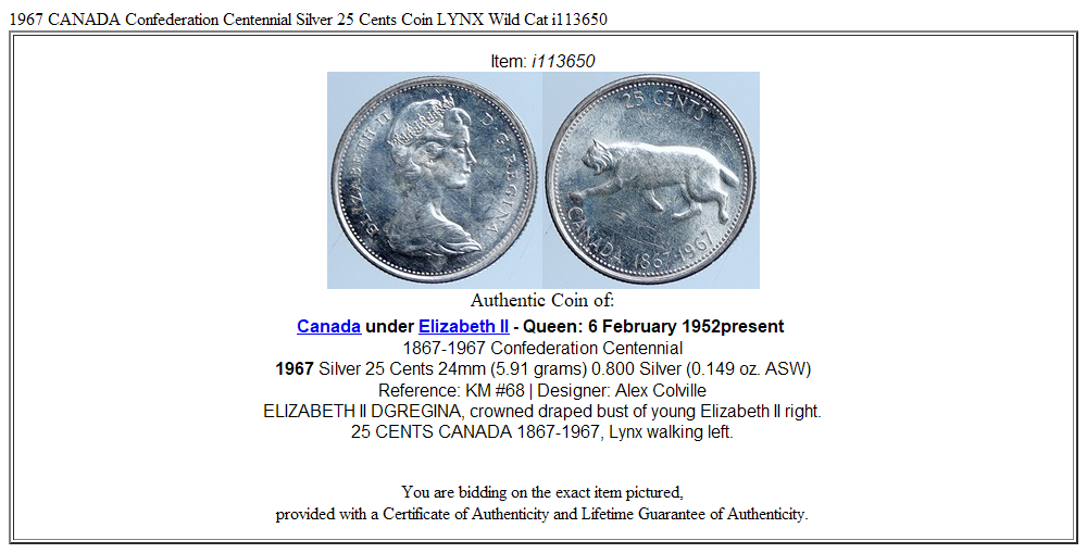 1967 CANADA Confederation Centennial Silver 25 Cents Coin LYNX Wild Cat i113650