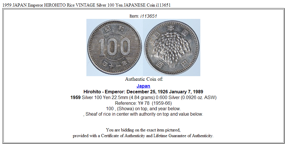 1959 JAPAN Emperor HIROHITO Rice VINTAGE Silver 100 Yen JAPANESE Coin i113651