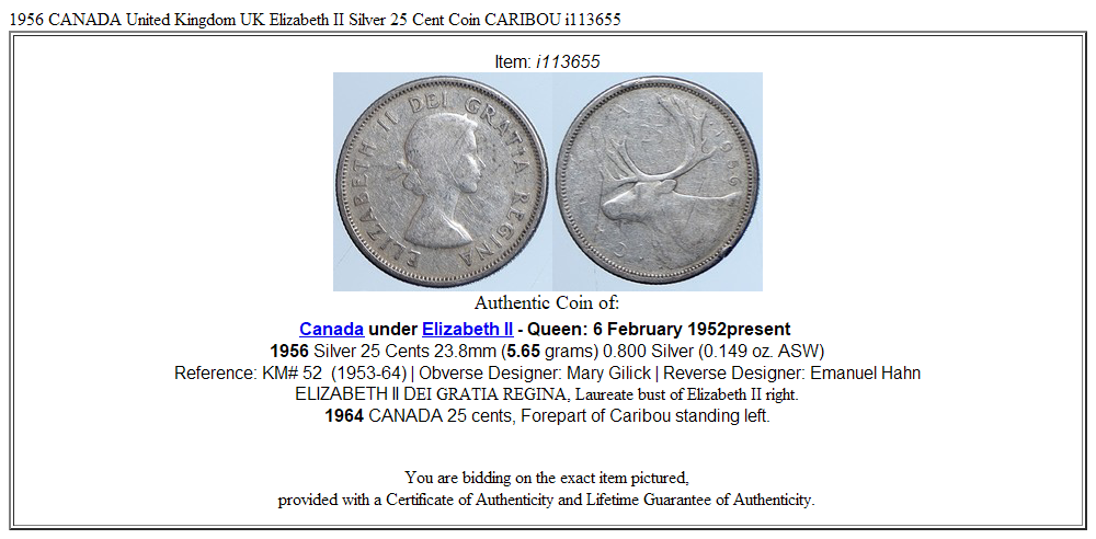 1956 CANADA United Kingdom UK Elizabeth II Silver 25 Cent Coin CARIBOU i113655