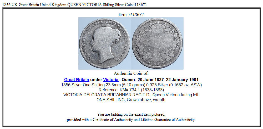 1856 UK Great Britain United Kingdom QUEEN VICTORIA Shilling Silver Coin i113671