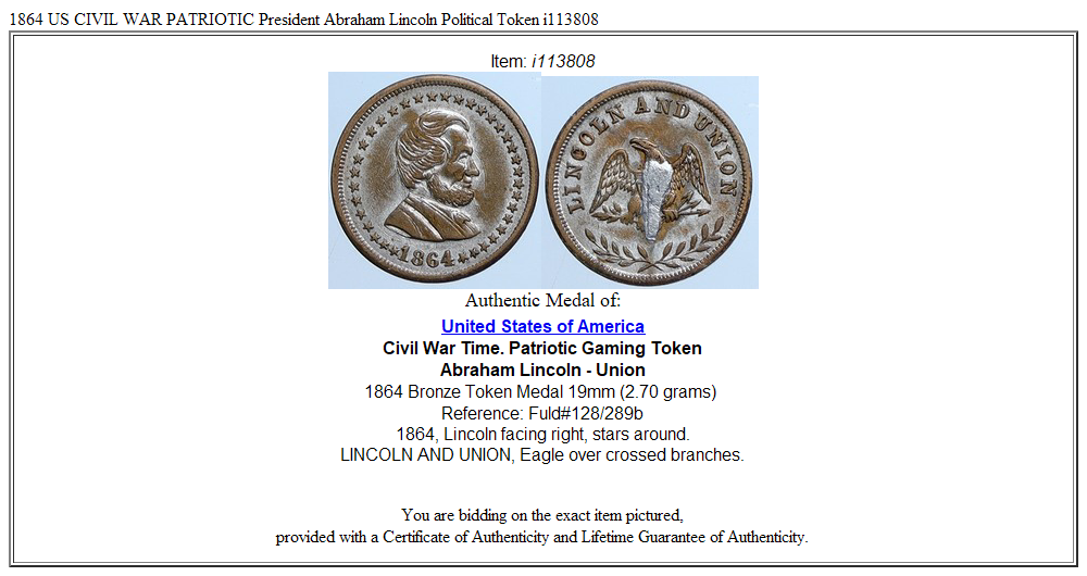 1864 US CIVIL WAR PATRIOTIC President Abraham Lincoln Political Token i113808