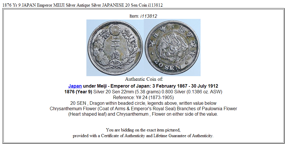 1876 Yr 9 JAPAN Emperor MEIJI Silver Antique Silver JAPANESE 20 Sen Coin i113812