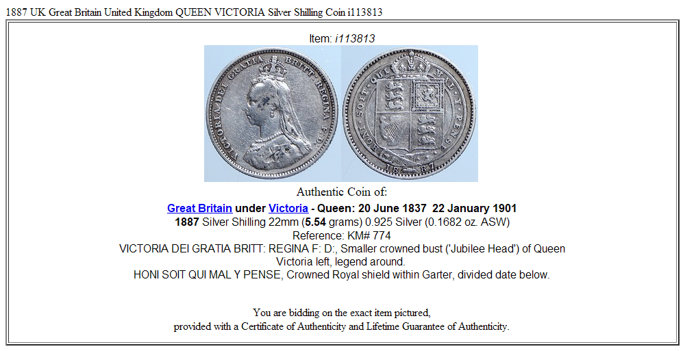 1887 UK Great Britain United Kingdom QUEEN VICTORIA Silver Shilling Coin i113813