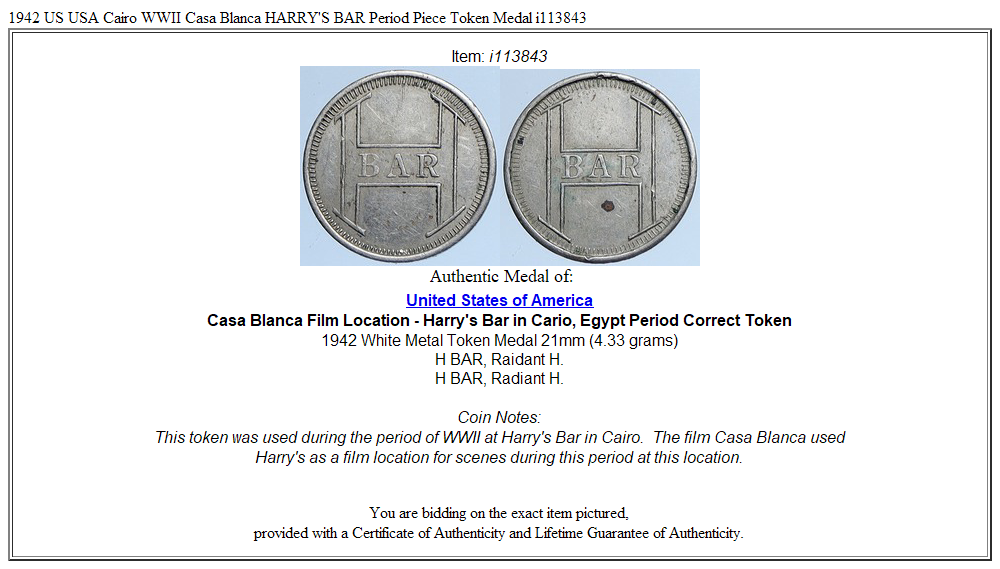 1942 US USA Cairo WWII Casa Blanca HARRY'S BAR Period Piece Token Medal i113843