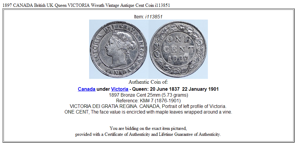 1897 CANADA British UK Queen VICTORIA Wreath Vintage Antique Cent Coin i113851