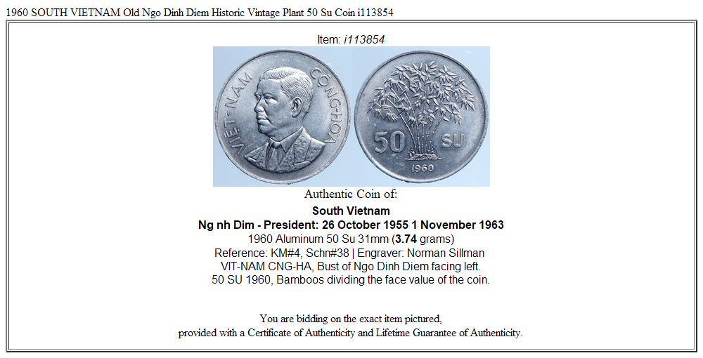 1960 SOUTH VIETNAM Old Ngo Dinh Diem Historic Vintage Plant 50 Su Coin i113854