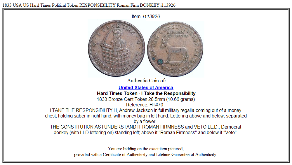 1833 USA US Hard Times Political Token RESPONSIBILITY Roman Firm DONKEY i113926