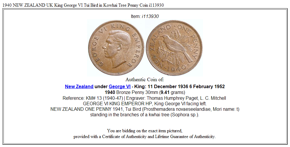 1940 NEW ZEALAND UK King George VI Tui Bird in Kowhai Tree Penny Coin i113930