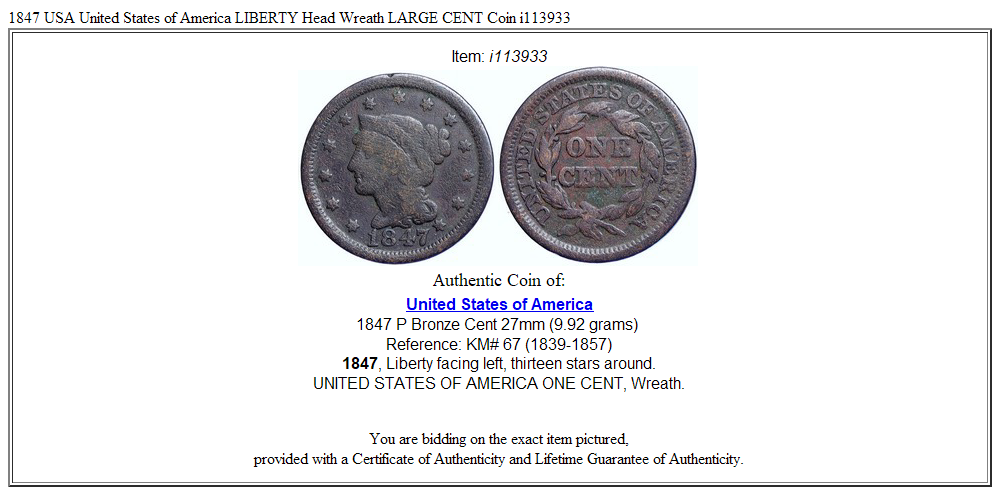 1847 USA United States of America LIBERTY Head Wreath LARGE CENT Coin i113933