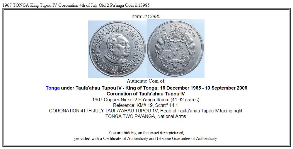 1967 TONGA King Tupou IV Coronation 4th of July Old 2 Pa'anga Coin i113985