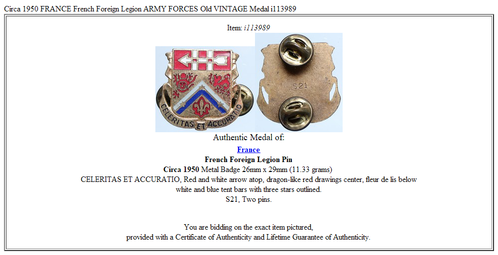 Circa 1950 FRANCE French Foreign Legion ARMY FORCES Old VINTAGE Medal i113989