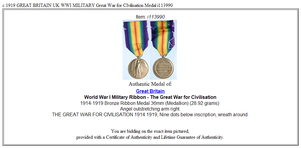 c.1919 GREAT BRITAIN UK WWI MILITARY Great War for CIvilisation Medal i113990