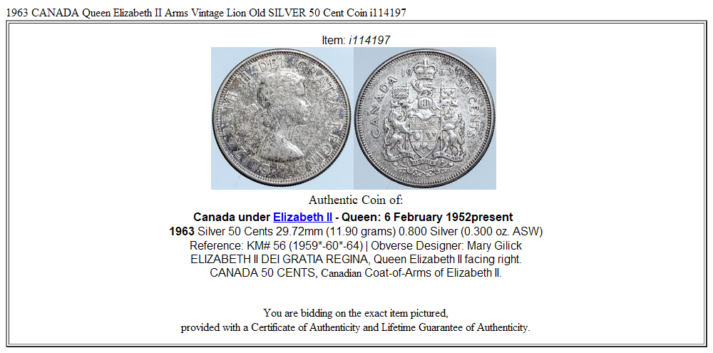 1963 CANADA Queen Elizabeth II Arms Vintage Lion Old SILVER 50 Cent Coin i114197