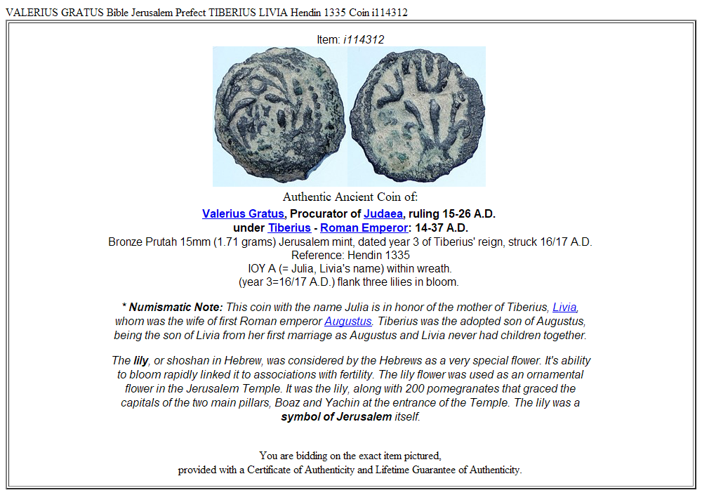 VALERIUS GRATUS Bible Jerusalem Prefect TIBERIUS LIVIA Hendin 1335 Coin i114312