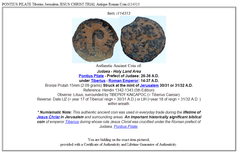 PONTIUS PILATE Tiberius Jerusalem JESUS CHRIST TRIAL Antique Roman Coin i114313