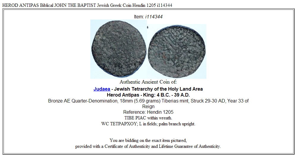 HEROD ANTIPAS Biblical JOHN THE BAPTIST Jewish Greek Coin Hendin 1205 i114344