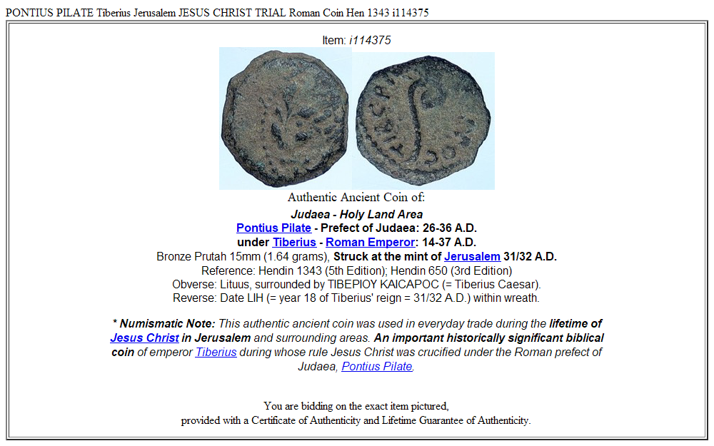 PONTIUS PILATE Tiberius Jerusalem JESUS CHRIST TRIAL Roman Coin Hen 1343 i114375