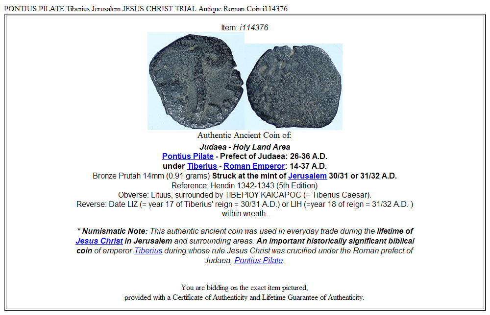PONTIUS PILATE Tiberius Jerusalem JESUS CHRIST TRIAL Antique Roman Coin i114376