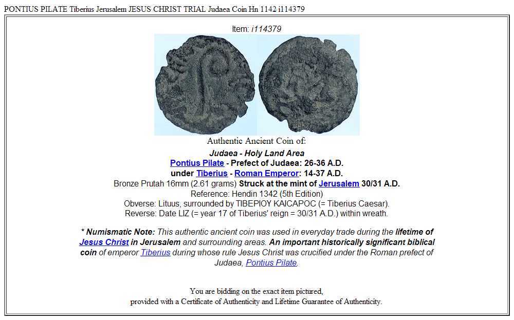 PONTIUS PILATE Tiberius Jerusalem JESUS CHRIST TRIAL Judaea Coin Hn 1142 i114379