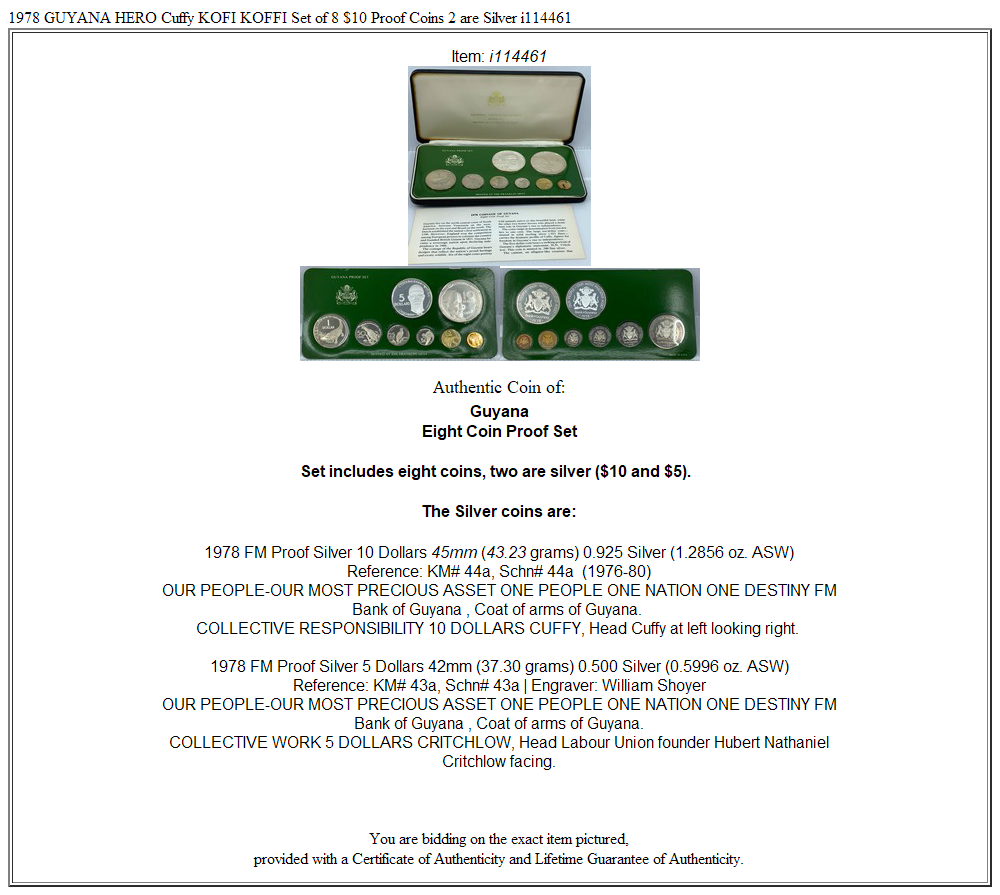 1978 GUYANA HERO Cuffy KOFI KOFFI Set of 8 $10 Proof Coins 2 are Silver i114461