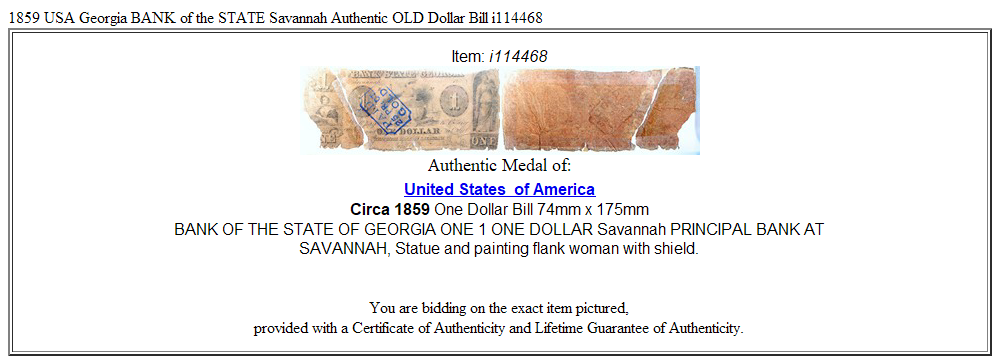 1859 USA Georgia BANK of the STATE Savannah Authentic OLD Dollar Bill i114468