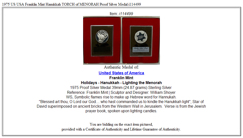 1975 US USA Franklin Mint Hanukkah TORCH of MENORAH Proof Silver Medal i114499